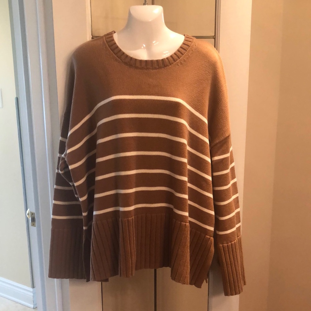 Striped Crewneck Sweater in Camel and White